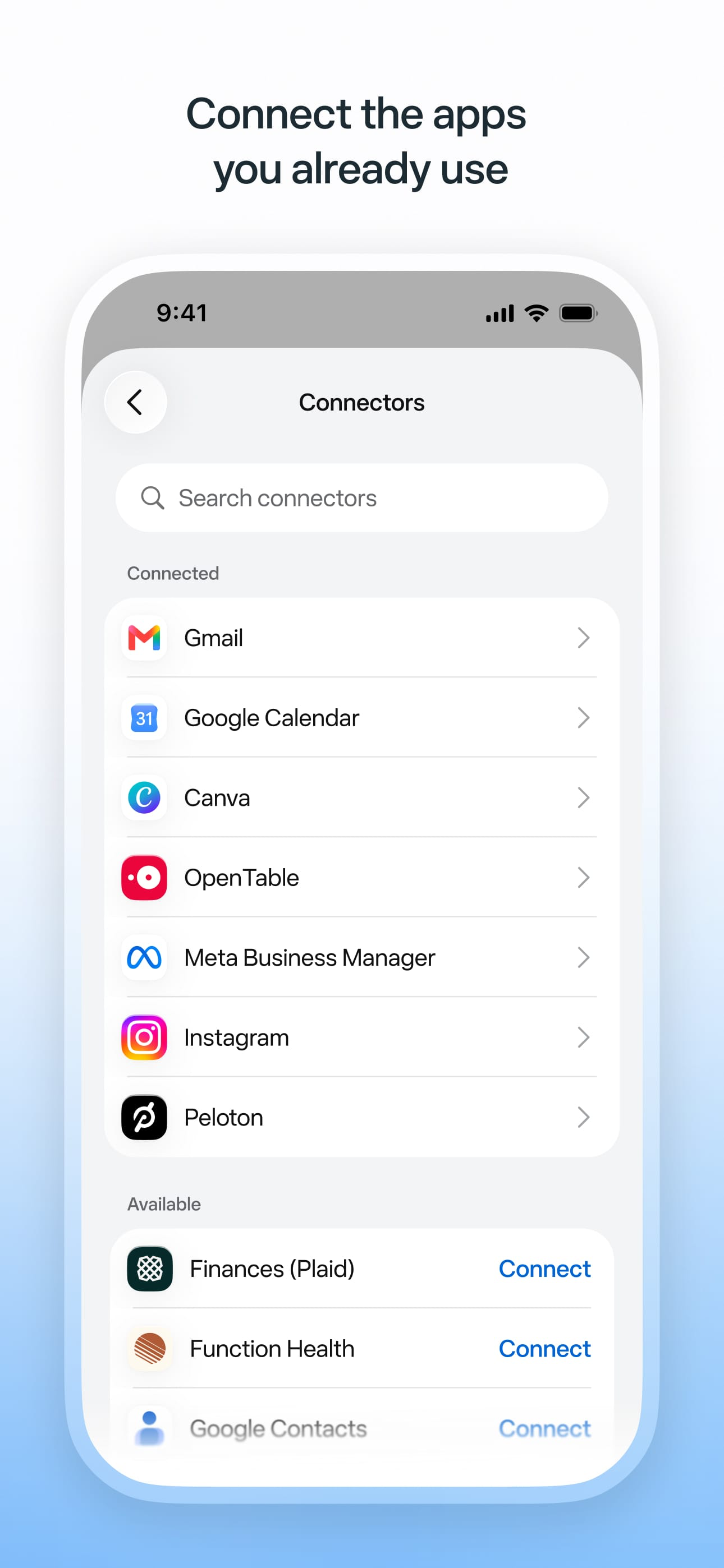 Muse connectors screen: Gmail, Google Calendar, Canva, OpenTable, Meta Business Manager, Instagram, Peloton and more